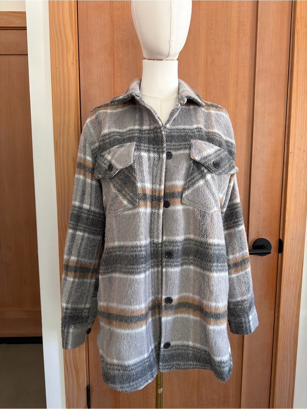 Thread & Supply Plaid Shacket Jacket in Gray and Cream